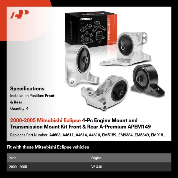 2000-2005 Mitsubishi Eclipse 4-Pc Engine Mount and Transmission Mount Kit Front & Rear A-Premium APEM149