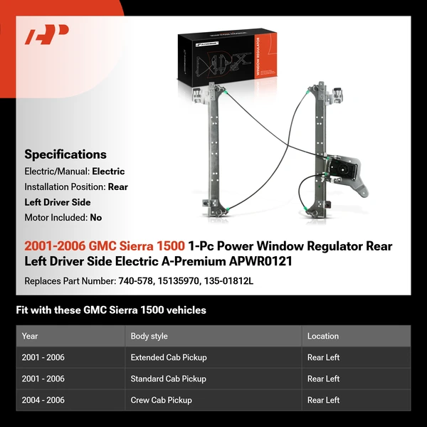 2001-2006 GMC Sierra 1500 1-Pc Power Window Regulator Rear Left Driver Side Electric A-Premium APWR0121