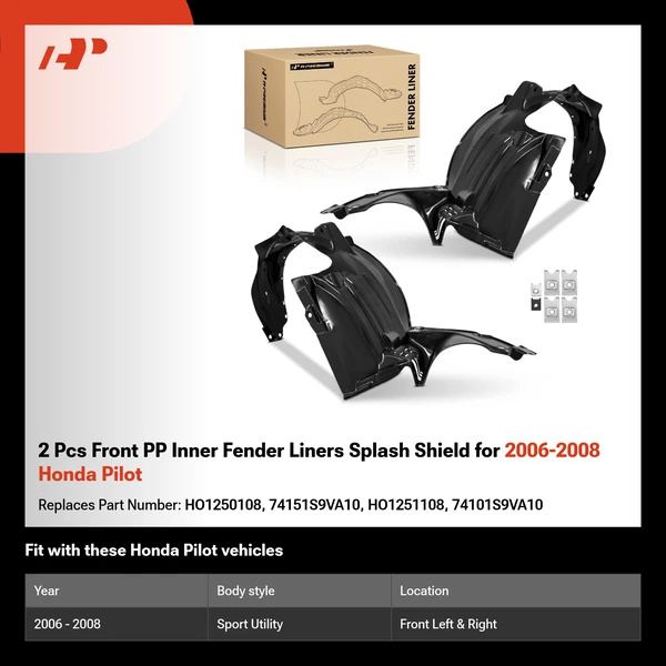 2 Pcs Front PP Inner Fender Liners Splash Shield for 2006-2008 Honda Pilot