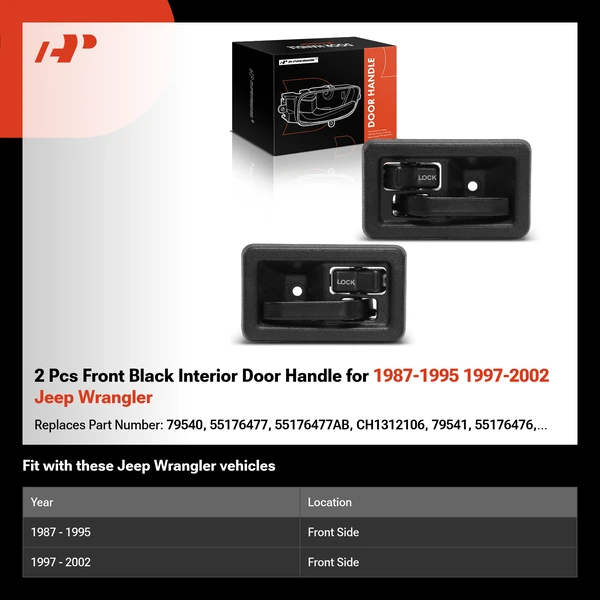 2 Pcs Front Black Interior Door Handle for 1987-1995 1997-2002 Jeep Wrangler