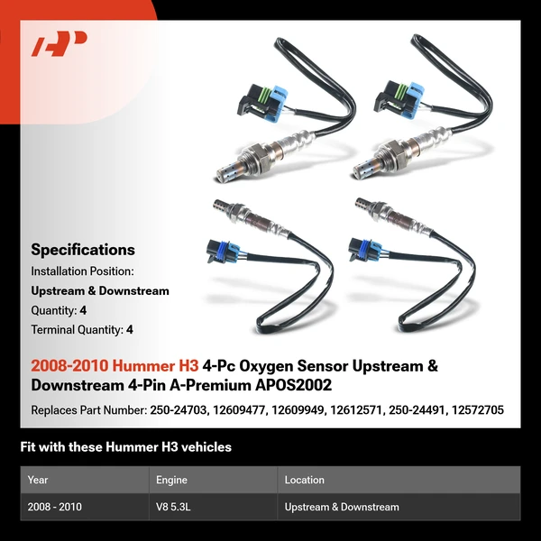 2008-2010 Hummer H3 4-Pc Oxygen Sensor Upstream & Downstream 4-Pin A-Premium APOS2002