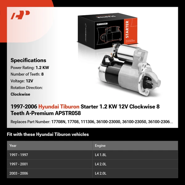 1997-2006 Hyundai Tiburon Starter 1.2 KW 12V Clockwise 8 Teeth A-Premium APSTR058