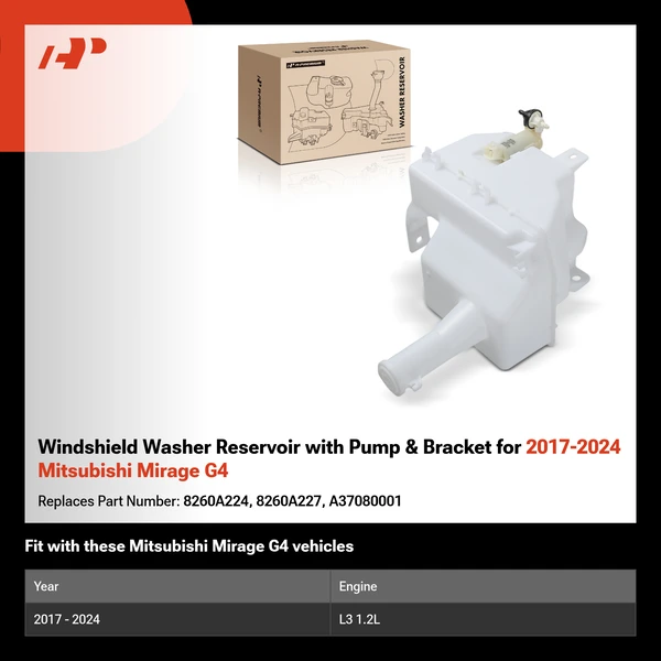 Windshield Washer Reservoir with Pump & Bracket for 2017-2024 Mitsubishi Mirage G4