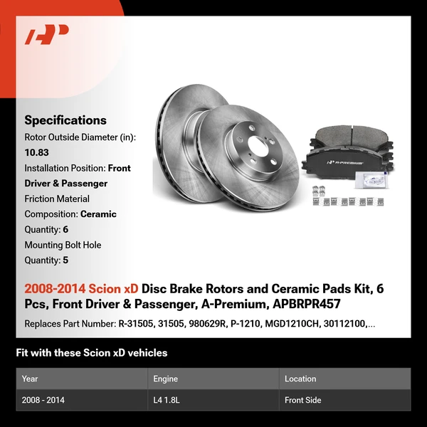 2008-2014 Scion xD Disc Brake Rotors and Ceramic Pads Kit, 6 Pcs, Front Driver & Passenger, A-Premium, APBRPR457