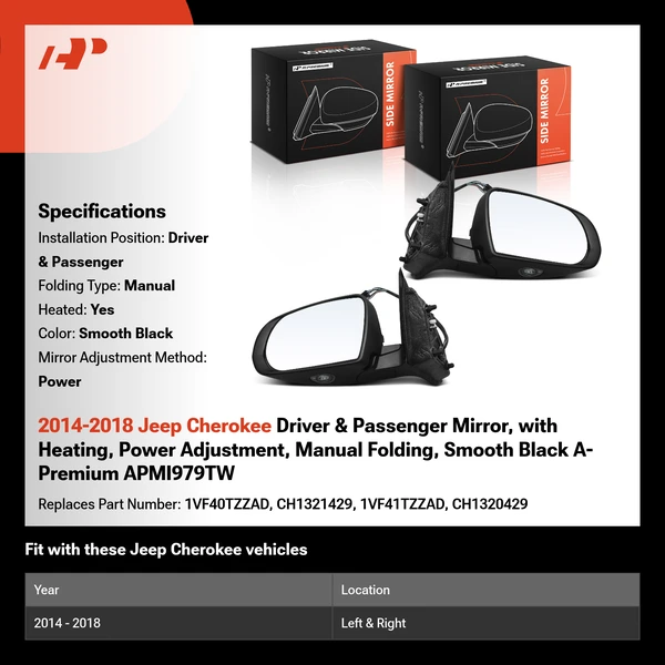 2014-2018 Jeep Cherokee Driver & Passenger Mirror, with Heating, Power Adjustment, Manual Folding, Smooth Black A-Premium APMI979TW