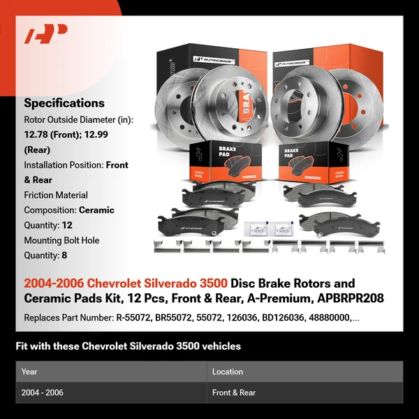 2004-2006 Chevrolet Silverado 3500 Disc Brake Rotors and Ceramic Pads Kit, 12 Pcs, Front & Rear, A-Premium, APBRPR208