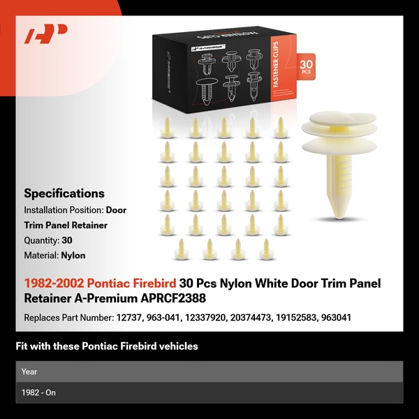 1982-2002 Pontiac Firebird 30 Pcs Nylon White Door Trim Panel Retainer A-Premium APRCF2388