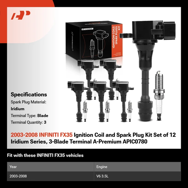 2003-2008 INFINITI FX35 Ignition Coil and Spark Plug Kit Set of 12 Iridium Series, 3-Blade Terminal A-Premium APIC0780