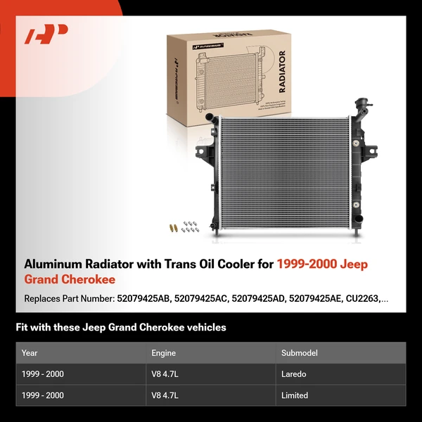 Aluminum Radiator with Trans Oil Cooler for 1999-2000 Jeep Grand Cherokee
