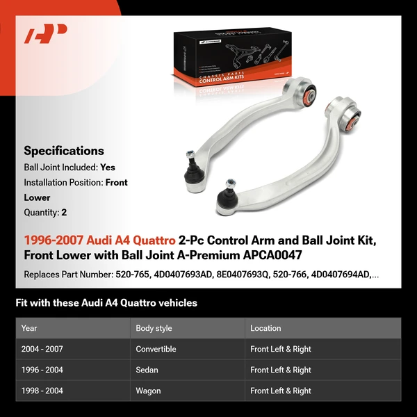 1996-2007 Audi A4 Quattro 2-Pc Control Arm and Ball Joint Kit, Front Lower with Ball Joint A-Premium APCA0047