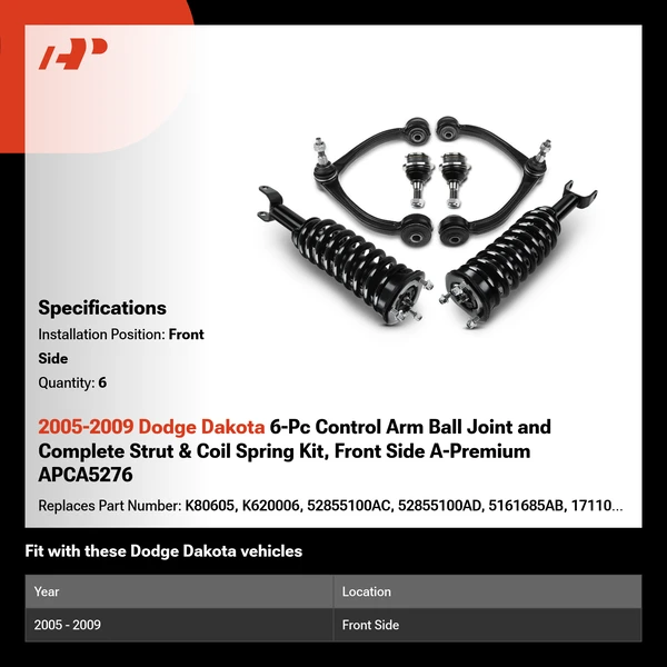 2005-2009 Dodge Dakota 6-Pc Control Arm Ball Joint and Complete Strut & Coil Spring Kit, Front Side A-Premium APCA5276
