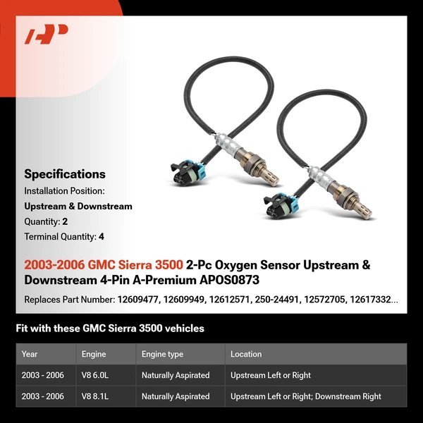 2003-2006 GMC Sierra 3500 2-Pc Oxygen Sensor Upstream & Downstream 4-Pin A-Premium APOS0873