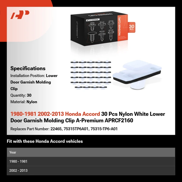 1980-1981 2002-2013 Honda Accord 30 Pcs Nylon White Lower Door Garnish Molding Clip A-Premium APRCF2160