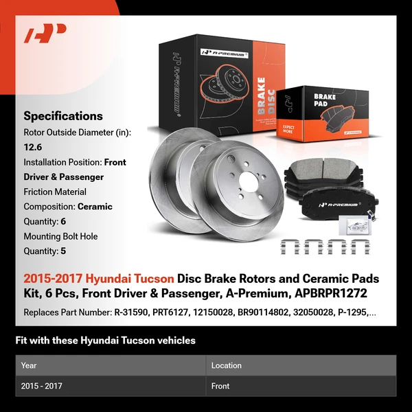 2015-2017 Hyundai Tucson Disc Brake Rotors and Ceramic Pads Kit, 6 Pcs, Front Driver & Passenger, A-Premium, APBRPR1272