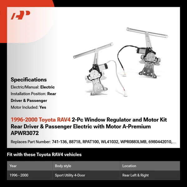 1996-2000 Toyota RAV4 2-Pc Window Regulator and Motor Kit Rear Driver & Passenger Electric with Motor A-Premium APWR3072