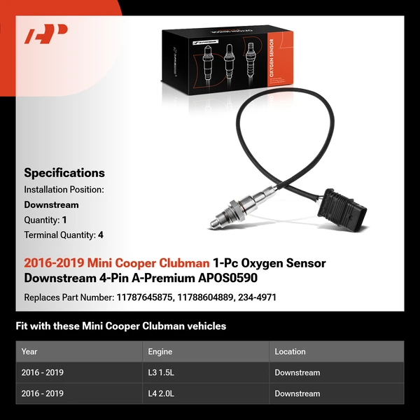 2016-2019 Mini Cooper Clubman 1-Pc Oxygen Sensor Downstream 4-Pin A-Premium APOS0590