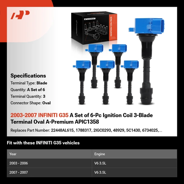 2003-2007 INFINITI G35 A Set of 6-Pc Ignition Coil 3-Blade Terminal Oval A-Premium APIC1358