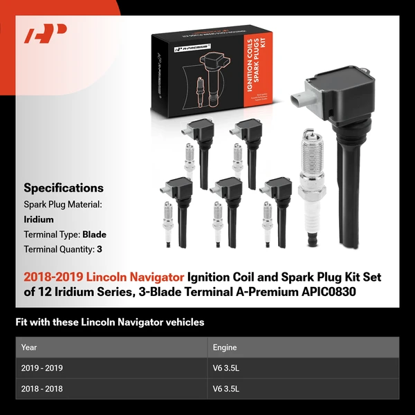 2018-2019 Lincoln Navigator Ignition Coil and Spark Plug Kit Set of 12 Iridium Series, 3-Blade Terminal A-Premium APIC0830