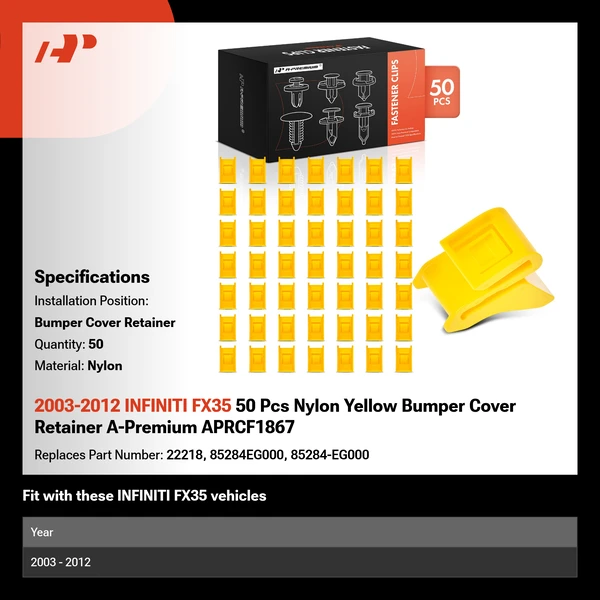 2003-2012 INFINITI FX35 50 Pcs Nylon Yellow Bumper Cover Retainer A-Premium APRCF1867
