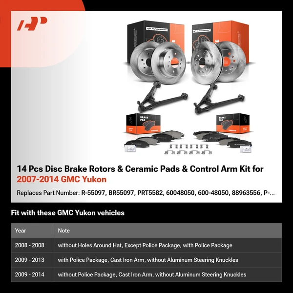 14 Pcs Disc Brake Rotors & Ceramic Pads & Control Arm Kit for 2007-2014 GMC Yukon