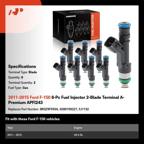 2011-2015 Ford F-150 8-Pc Fuel Injector 2-Blade Terminal A-Premium APFI243