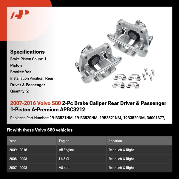 2007-2016 Volvo S80 2-Pc Brake Caliper Rear Driver & Passenger 1-Piston A-Premium APBC3212