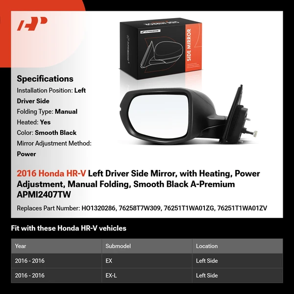 2016 Honda HR-V Left Driver Side Mirror, with Heating, Power Adjustment, Manual Folding, Smooth Black A-Premium APMI2407TW