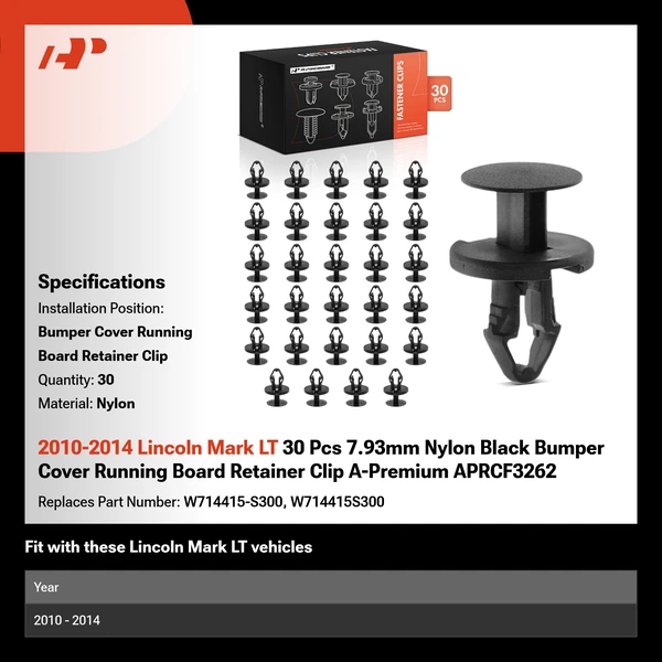 2010-2014 Lincoln Mark LT 30 Pcs 7.93mm Nylon Black Bumper Cover Running Board Retainer Clip A-Premium APRCF3262