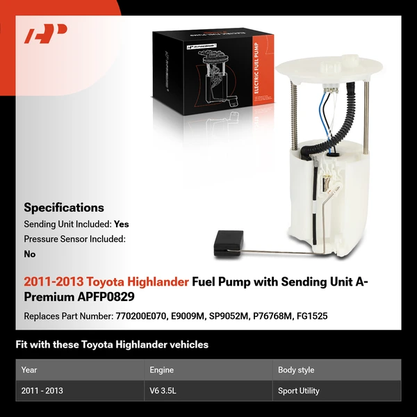 2011-2013 Toyota Highlander Fuel Pump with Sending Unit A-Premium APFP0829