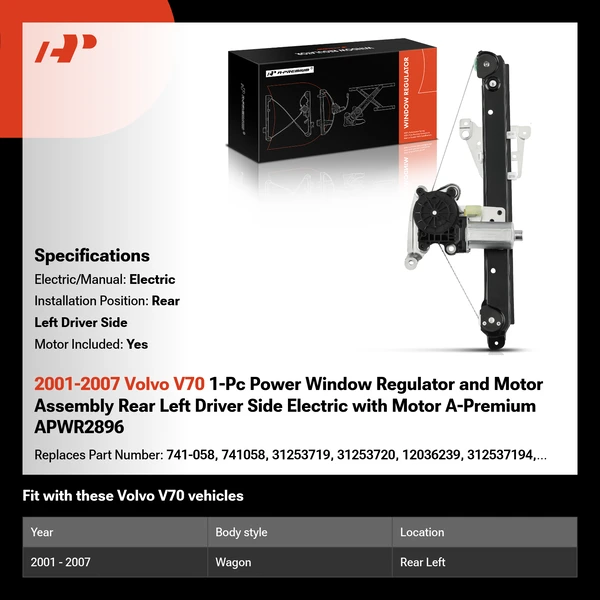 2001-2007 Volvo V70 1-Pc Power Window Regulator and Motor Assembly Rear Left Driver Side Electric with Motor A-Premium APWR2896