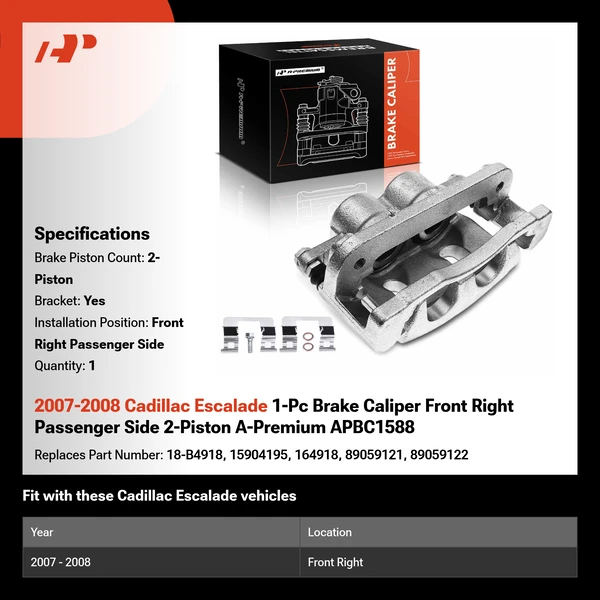 2007-2008 Cadillac Escalade 1-Pc Brake Caliper Front Right Passenger Side 2-Piston A-Premium APBC1588