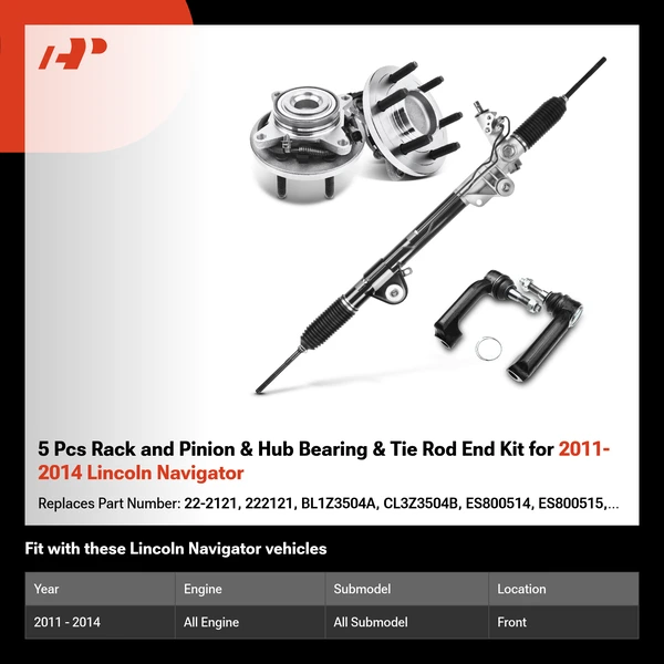 5 Pcs Rack and Pinion & Hub Bearing & Tie Rod End Kit for 2011-2014 Lincoln Navigator
