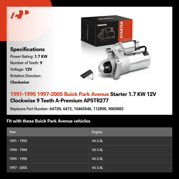 1991-1995 1997-2005 Buick Park Avenue Starter 1.7 KW 12V Clockwise 9 Teeth A-Premium APSTR277