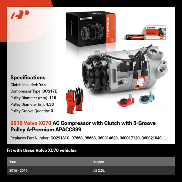2016 Volvo XC70 AC Compressor with Clutch with 3-Groove Pulley A-Premium APACC889
