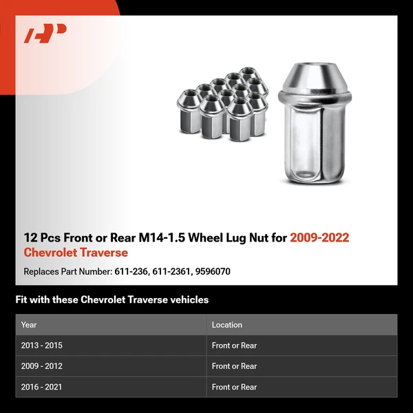12 Pcs Front or Rear M14-1.5 Wheel Lug Nut for 2009-2022 Chevrolet Traverse