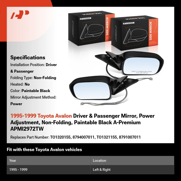 1995-1999 Toyota Avalon Driver & Passenger Mirror, Power Adjustment, Non-Folding, Paintable Black A-Premium APMI2972TW