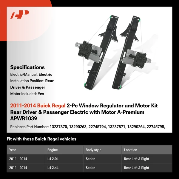 2011-2014 Buick Regal 2-Pc Window Regulator and Motor Kit Rear Driver & Passenger Electric with Motor A-Premium APWR1039