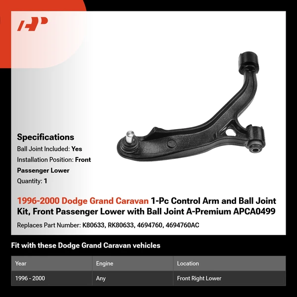 1996-2000 Dodge Grand Caravan 1-Pc Control Arm and Ball Joint Kit, Front Passenger Lower with Ball Joint A-Premium APCA0499