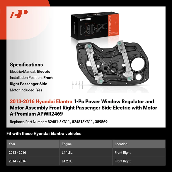 2013-2016 Hyundai Elantra 1-Pc Power Window Regulator and Motor Assembly Front Right Passenger Side Electric with Motor A-Premium APWR2469