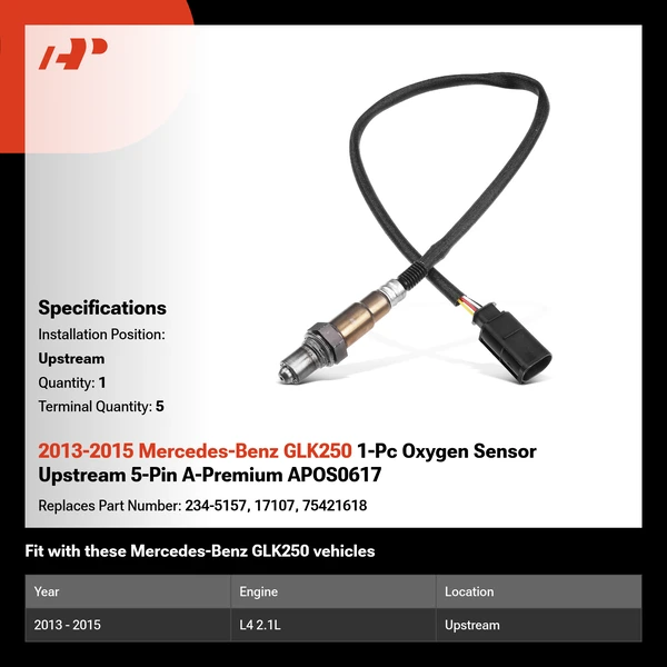 2013-2015 Mercedes-Benz GLK250 1-Pc Oxygen Sensor Upstream 5-Pin A-Premium APOS0617