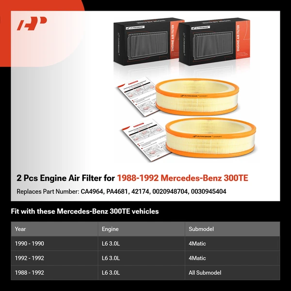 2 Pcs Engine Air Filter for 1988-1992 Mercedes-Benz 300TE