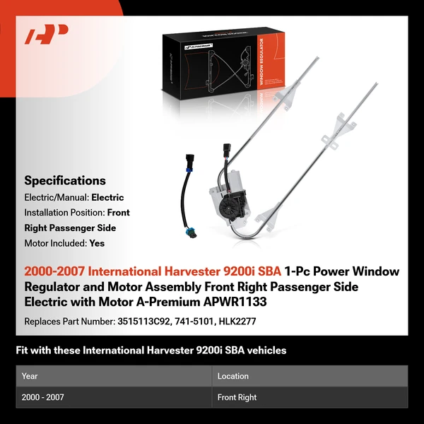 2000-2007 International Harvester 9200i SBA 1-Pc Power Window Regulator and Motor Assembly Front Right Passenger Side Electric with Motor A-Premium APWR1133