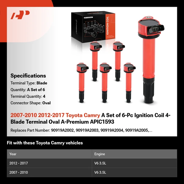 2007-2010 2012-2017 Toyota Camry A Set of 6-Pc Ignition Coil 4-Blade Terminal Oval A-Premium APIC1593