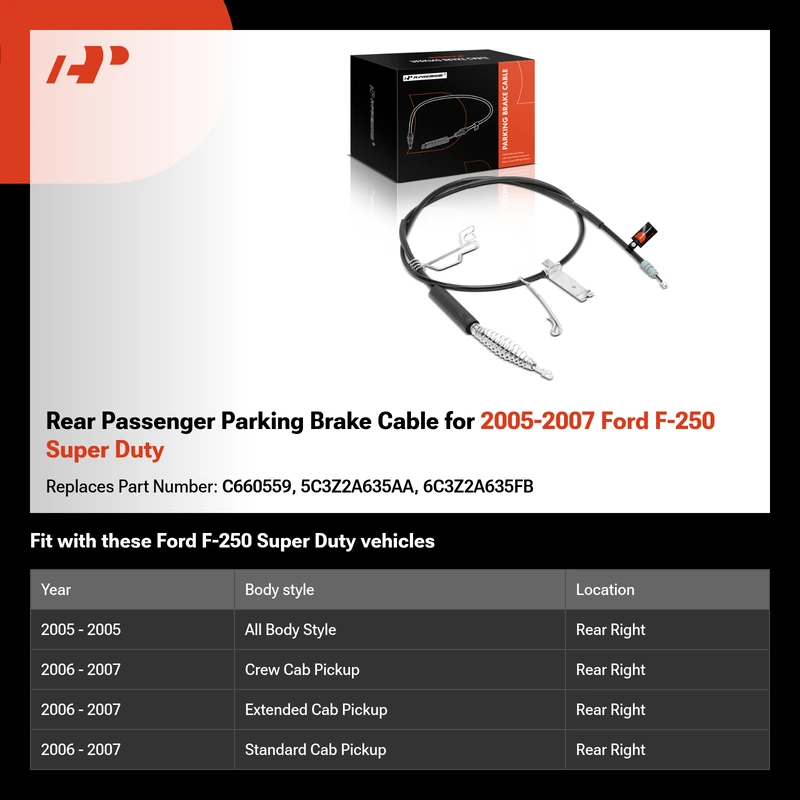 Rear Passenger Parking Brake Cable for 2005-2007 Ford F-250 Super Duty
