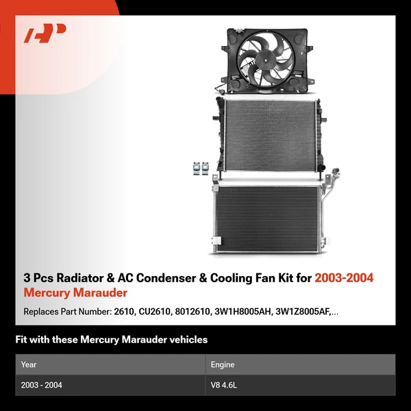 3 Pcs Radiator & AC Condenser & Cooling Fan Kit for 2003-2004 Mercury Marauder