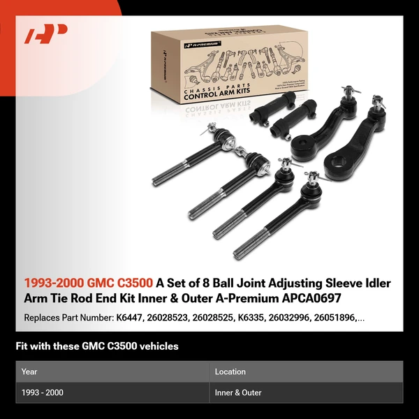 1993-2000 GMC C3500 A Set of 8 Ball Joint Adjusting Sleeve Idler Arm Tie Rod End Kit Inner & Outer A-Premium APCA0697