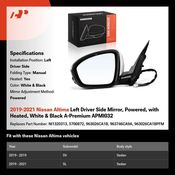 2019-2021 Nissan Altima Left Driver Side Mirror, Powered, with Heated, White & Black A-Premium APMI032