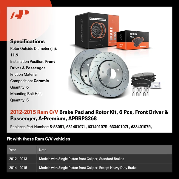 2012-2015 Ram C/V Brake Pad and Rotor Kit, 6 Pcs, Front Driver & Passenger, A-Premium, APBRPS268