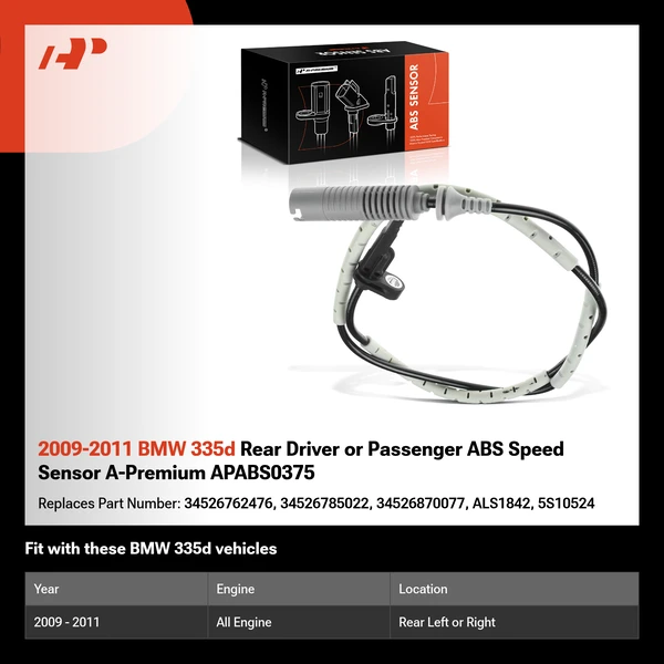 2009-2011 BMW 335d Rear Driver or Passenger ABS Speed Sensor A-Premium APABS0375