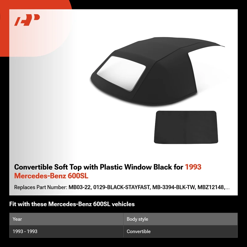 Convertible Soft Top with Plastic Window Black for 1993 Mercedes-Benz 600SL
